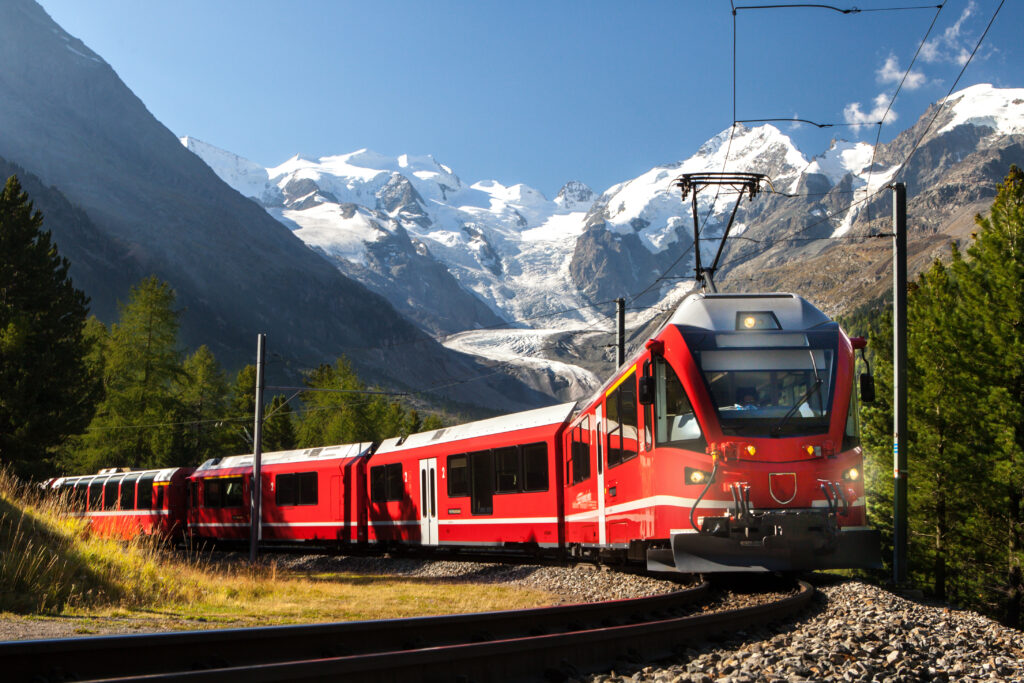 Glacier express traveling through the alps in a breathtaking trip