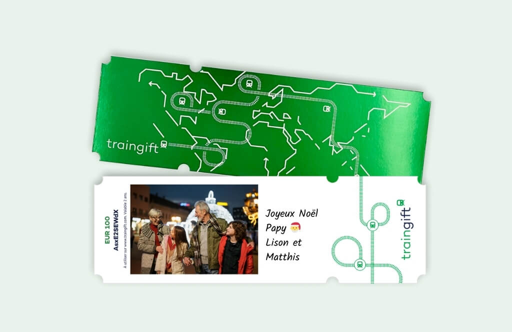 Une carte cadeau billet de train en cadeau de Noël pour un grand père